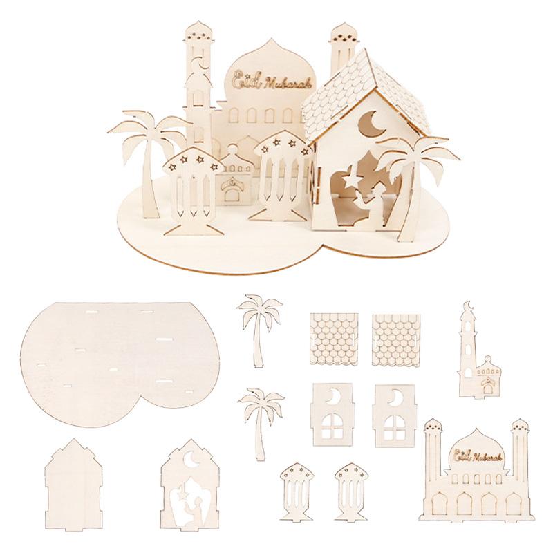 

Wooden Ramadan Castle Table Ornaments Eid Mubarak DIY Wooden Castle Puzzle Decorations Islamic Muslim Party Supplies Kids Gifts