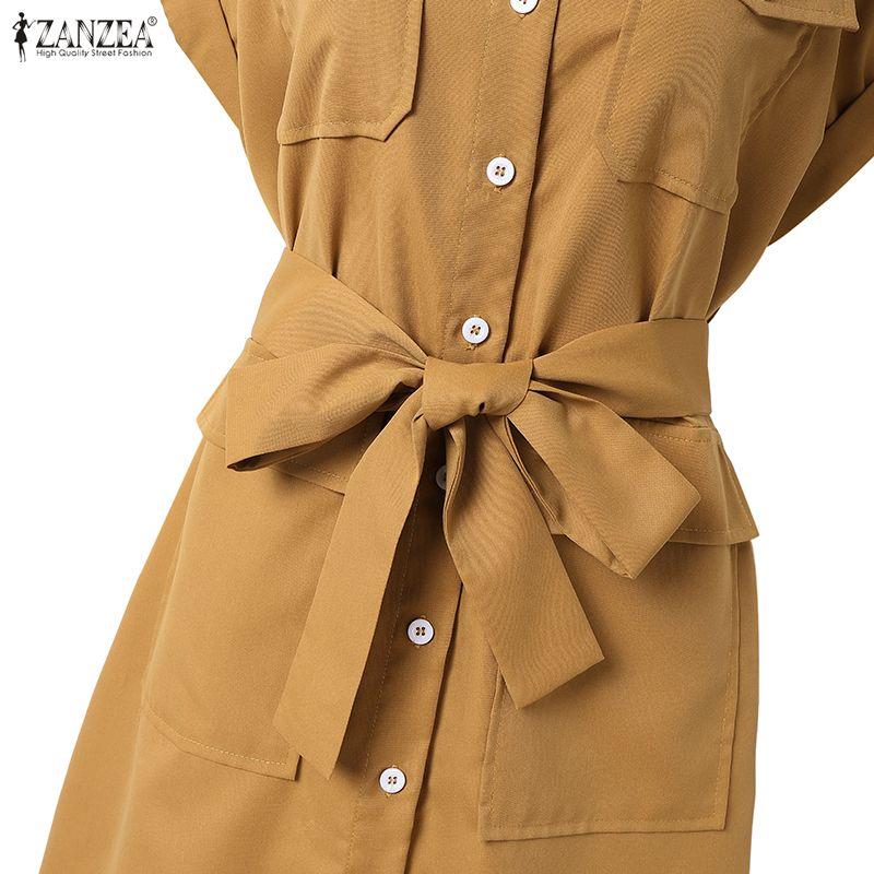 ZANZEA Vestido informal de verano de manga corta con cuello vuelto para mujer