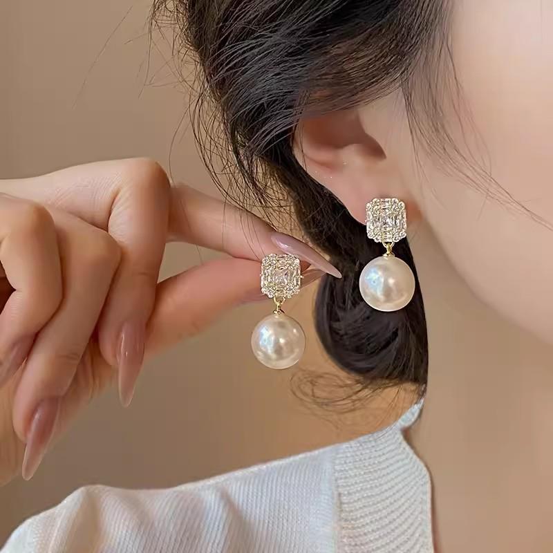Square Zircon Stud Earrings with Pearl Drop Dangle Elegant Lightweight Fashion Jewelry for Women and Girls