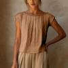 Blusa da Donna in Lino con Scollo Rotondo, Parte Anteriore Pieghettata, Maniche Corte, Taglio Ampio Casual