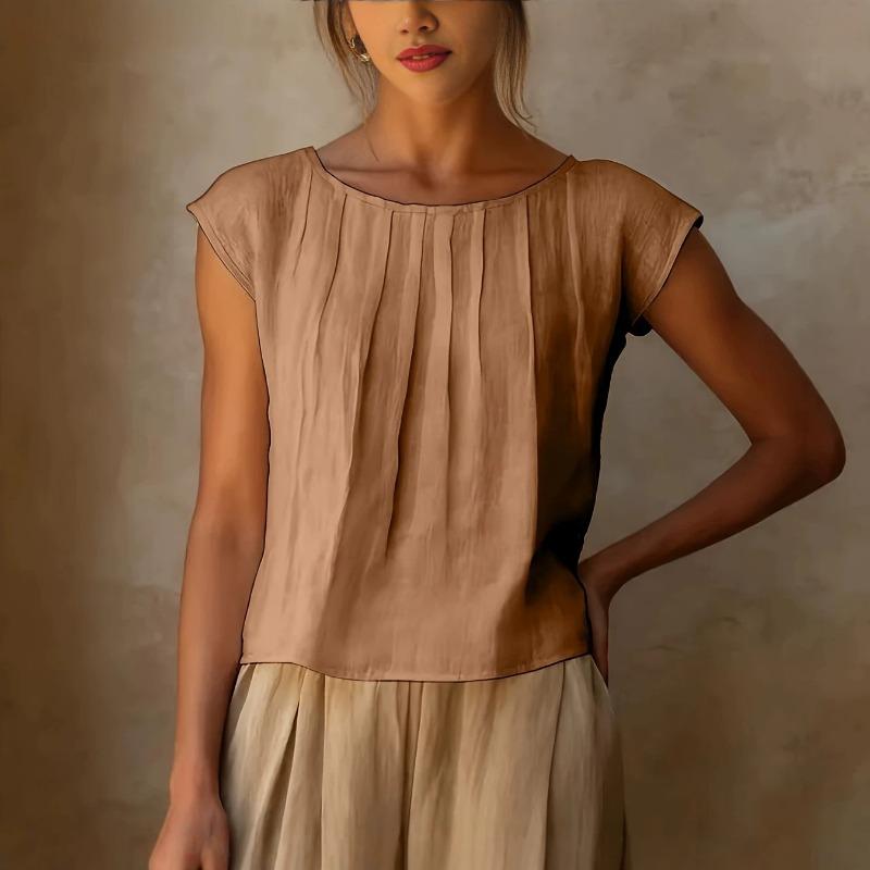 Blusa da Donna in Lino con Scollo Rotondo, Parte Anteriore Pieghettata, Maniche Corte, Taglio Ampio Casual