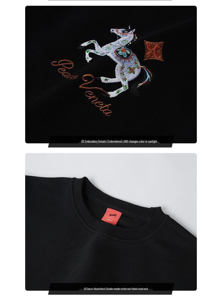 2026 Year of the Horse Color-Changing Embroidered Fleece Pullover - Trendy Round Neck Sweatshirt for Autumn/Winter