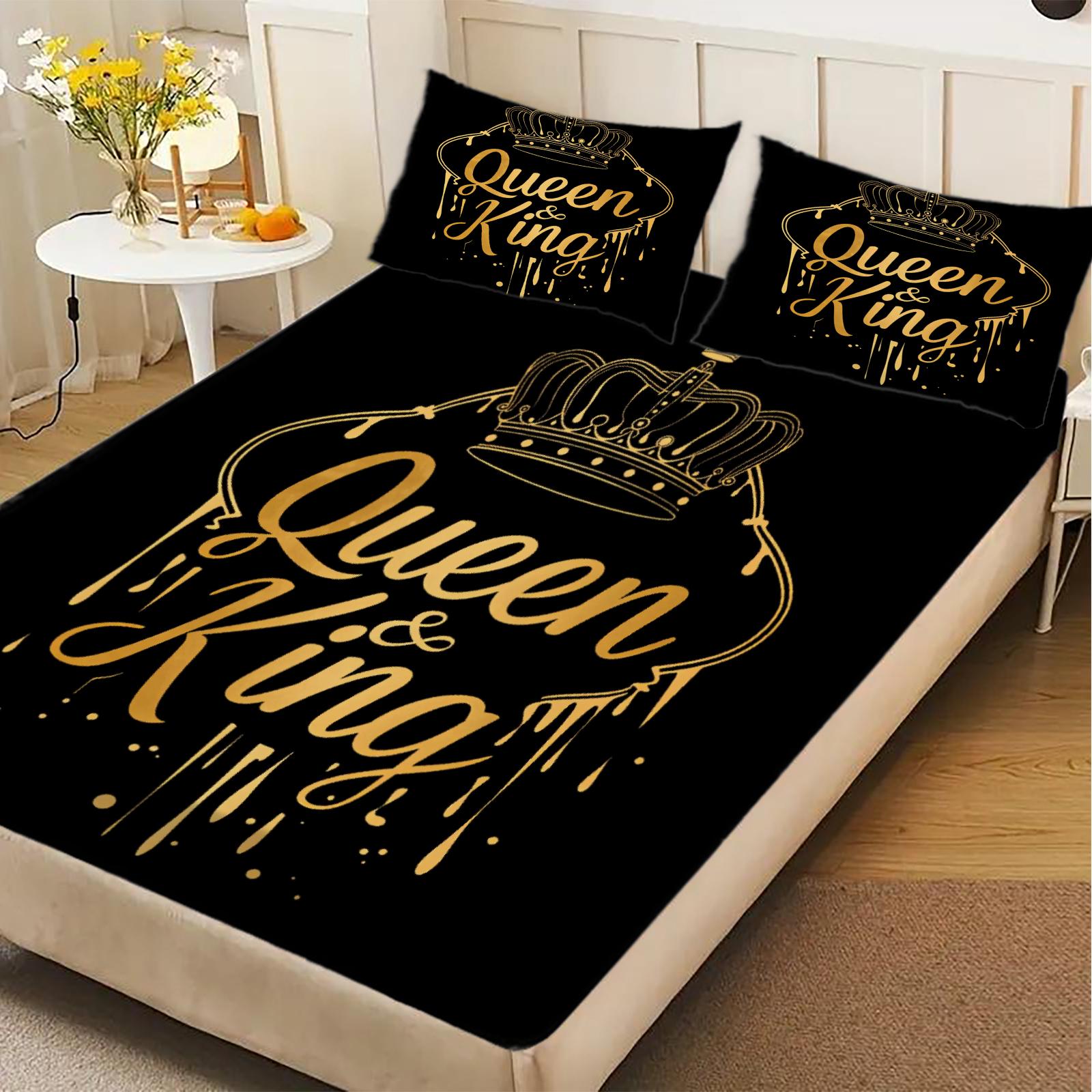 Queen And King Fitted Sheet Set Black Gold Crown Print Bedding With Pillowcases For Couples Bedroom 150x200x25cm