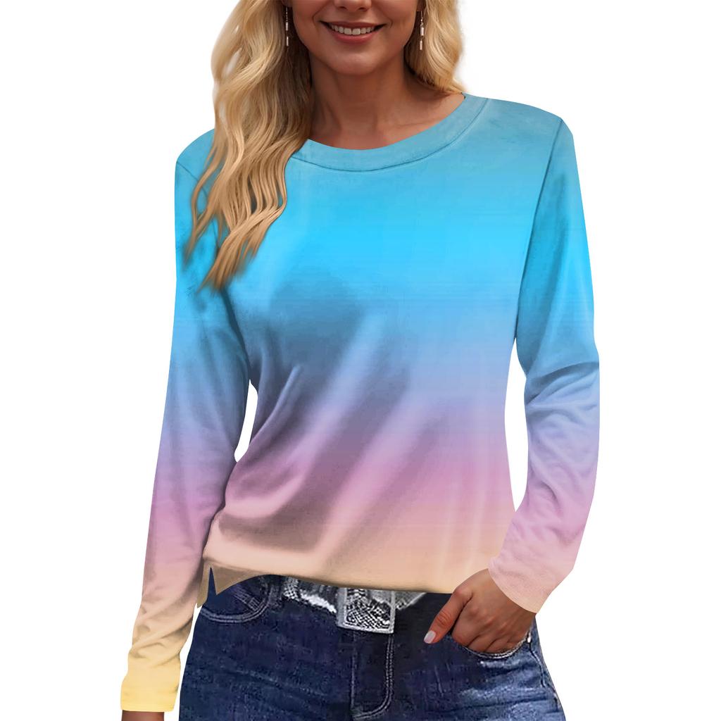 Women's Fashion Hem Slit Casual Striped Printed Round Neck Long Sleeve Top