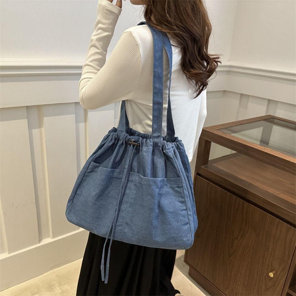 Large Capacity Denim Tote Bag Leisure Canvas Bucket Bag Oxford Drawstring Shoulder Bag Students