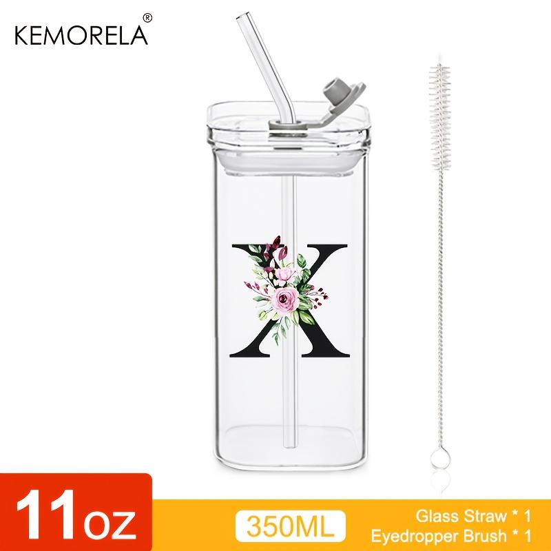 1 STÜCK 24 Buchstabenförmige Glastrinkbecher mit Deckel und Strohhalm Kaffeebecher 300ML Klarer quadratischer Trinkbecher für Kaffee Bier Milch