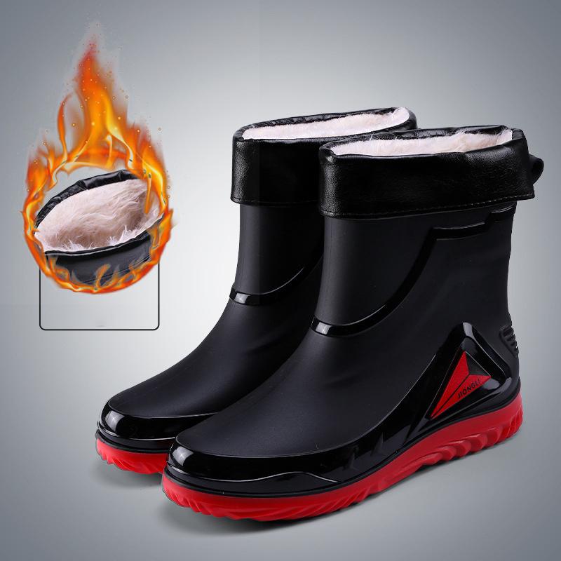 Winter Warm Fur Rain Boots Men's Waterproof Drawstring Shoes Non-Slip Flat Fashion Take Out Rider Autumn Summer Spring Black Red