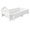 Children's bed 90 x 200 cm, with roof trim and window, with storage compartment, with safety rail and door, solid wood bed with slatted frame, white