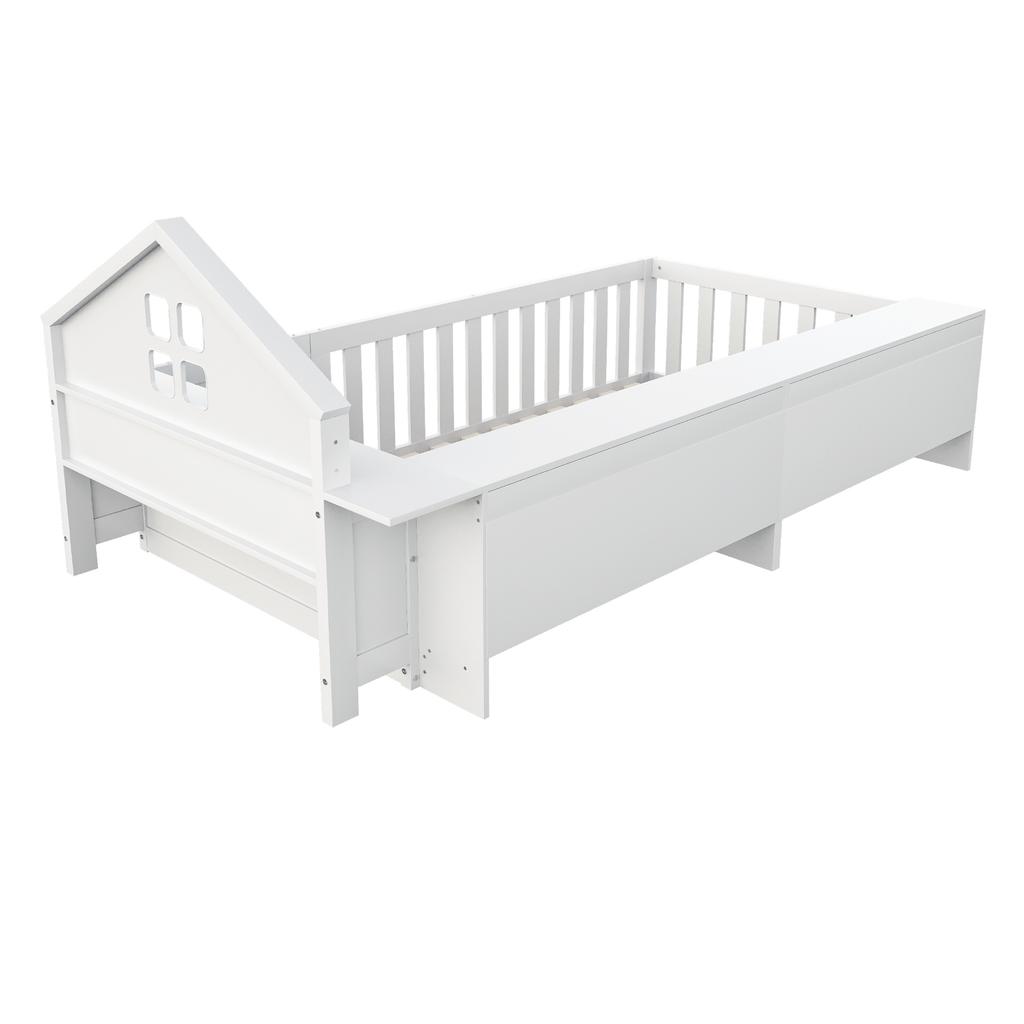 Children's bed 90 x 200 cm, with roof trim and window, with storage compartment, with safety rail and door, solid wood bed with slatted frame, white