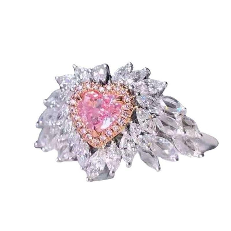 Micro-Inlaid Diamond Zircon Love-Shaped Pink Diamond Ring Simple Fashion Temperament Hand Jewelry