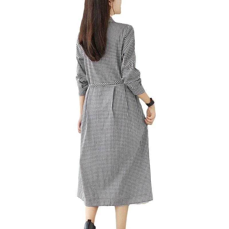 2025 Herbst neues Retro-Literatur-Mittel- und Langkariertes Baumwoll- und Leinenkleid Taille dünner Hemdrock Damen