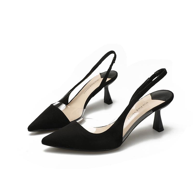 398-5 Einfache dünne Absätze flacher Mund Taschenkopf Damenschuhe neue französische Temperament leere transparente Sandalen spitze hohe Absätze