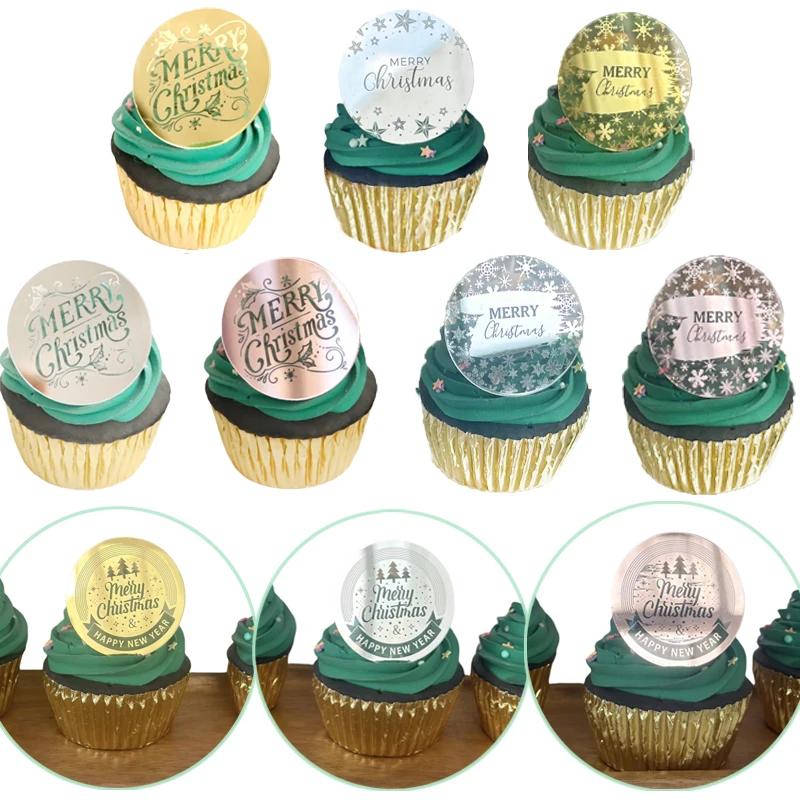 10pcs Round Merry Christmas Plastic Cupcake Toppers Rose Gold Color Snowflake Elk Cake Party Decorating Tool Christmas Ornament