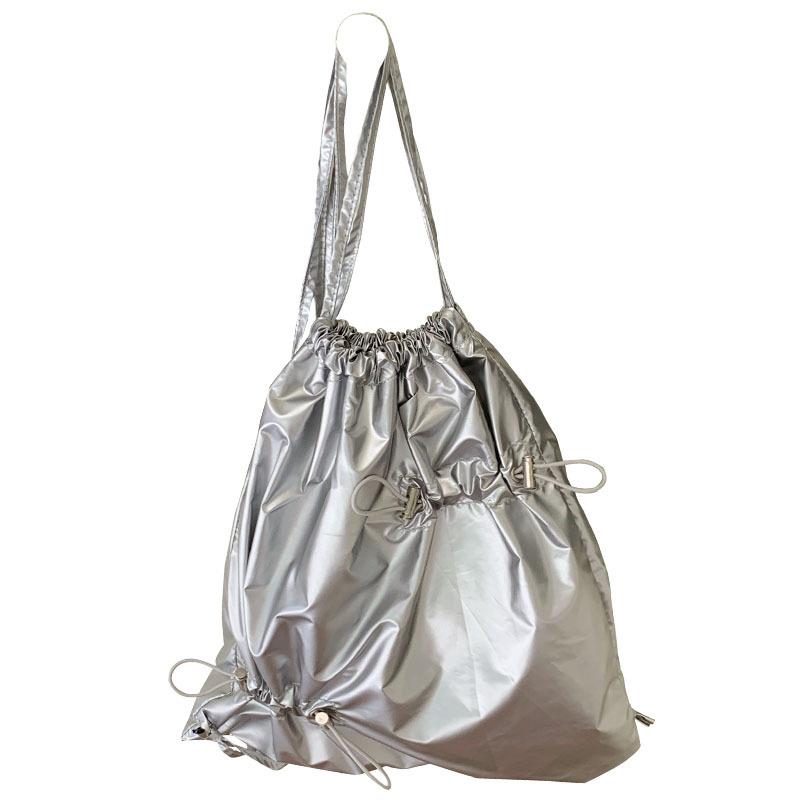 Korean Ins Niche Design Drawstring Pleated Silver Backpack for Women Commuting Versatile Casual Small Backpack