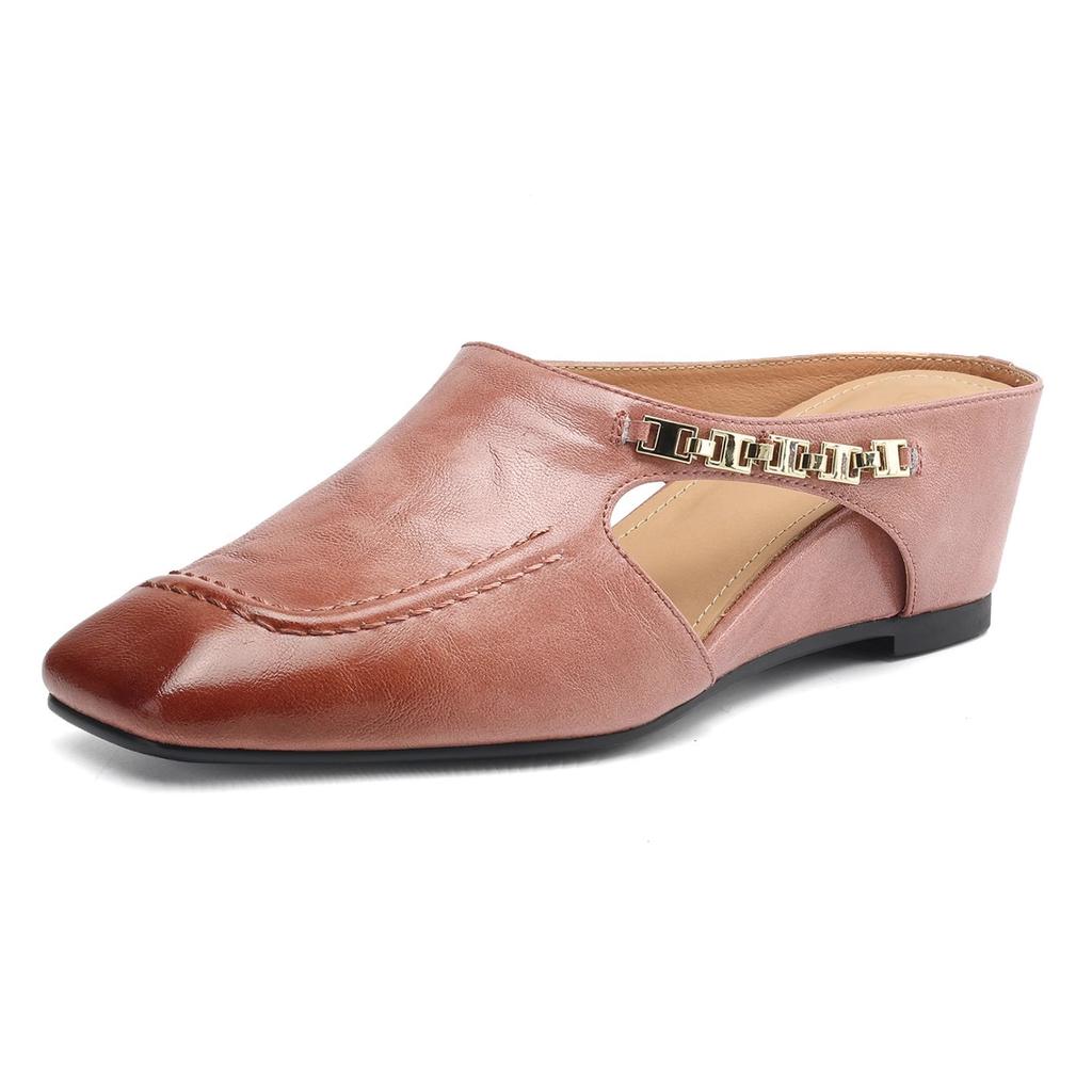 2025 New French Retro Style Bag Head Sandals Temperament Metal Chain Half Slippers Square Head Inner Height Increase Muller Shoes