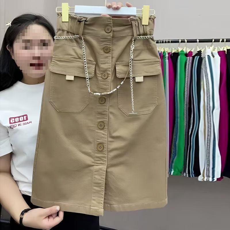 Spring & Autumn Plus Size A-Line Workwear Skirt - Medium-Long, Single-Breasted with Double Pockets & Slit