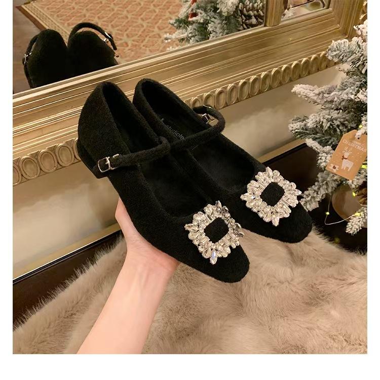 Shoe drill buckle small square head word woolen thick heel Mary Jane single shoes women's spring