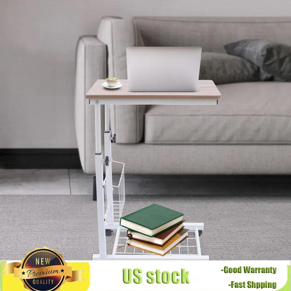 Bymaocar Oak Colored Moving Edge White Table Rack Adjustable Side Table W/ Removable&Lockable Universal Wheels Home/dormitories