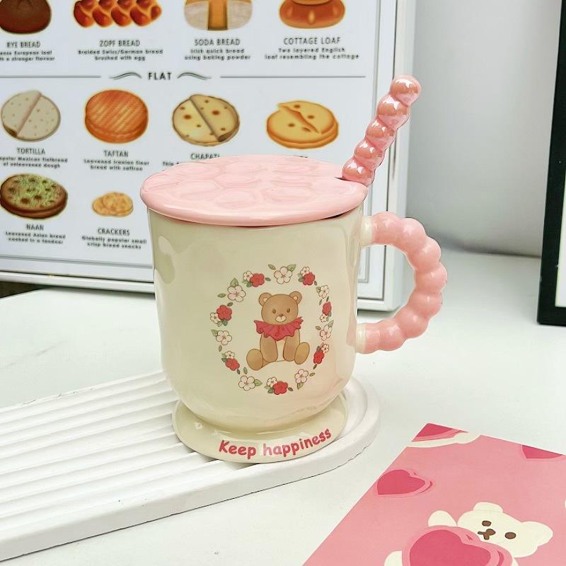 Cute High Value Cartoon Bear Mug with Lid Spoon Ceramic Water Cup for Girls Practical Birthday Gift for Friends