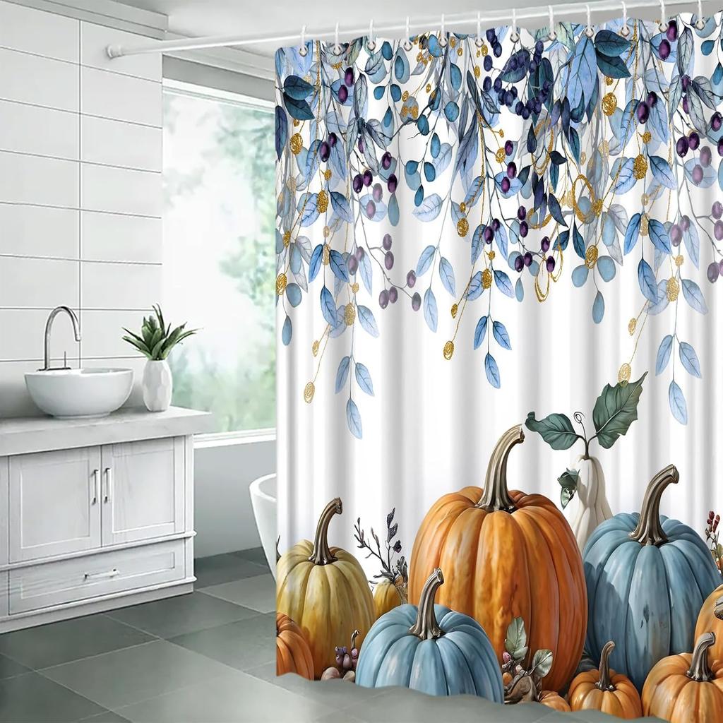 Dzięki dyniom na Święto Dziękczynienia Zasłona prysznicowa Akwarelowe liście Kolorowa dynia Żniwa Jesień Jesień Tkanina Dekoracyjne zasłony łazienkowe