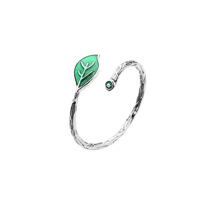 Niche Design Green Leaf Ring Female Personality Trendy Temperament Creative Branch Leaf Open Ring Ring Generation