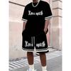 Letter Graphic Print Short Sleeve Top Elastic Waist Shorts 2-piece Set 2025 Summer Casual Loose Men's T-shirts Pocket Shorts Set