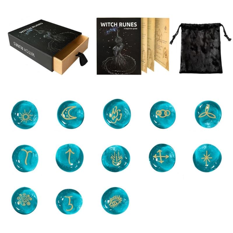 13Pcs Glass Runes Stone Irregular Divination Runes Stone with Instruction and Storage Bag Heal Gift Decoration