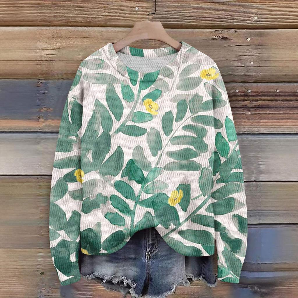 Svetry s dlouhým rukávem pro ženy s kulatým výstřihem, ležérní, roztomilý pletený svetr s potiskem, nadměrný