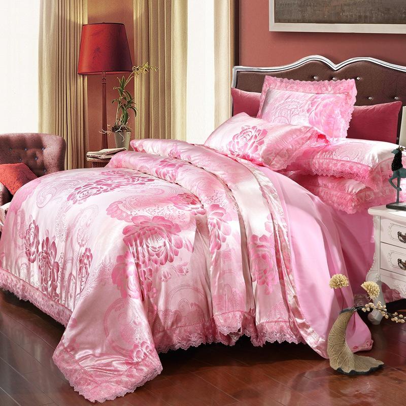European Satin Jacquard Bedding Set - Lace-Trimmed, 4-Piece Set