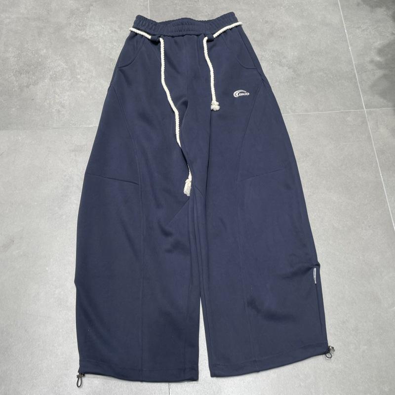 

2025 Fall/Winter Retro High-Waist Lace-Up Wide-Leg Cotton Pants Medium темно-синього кольору