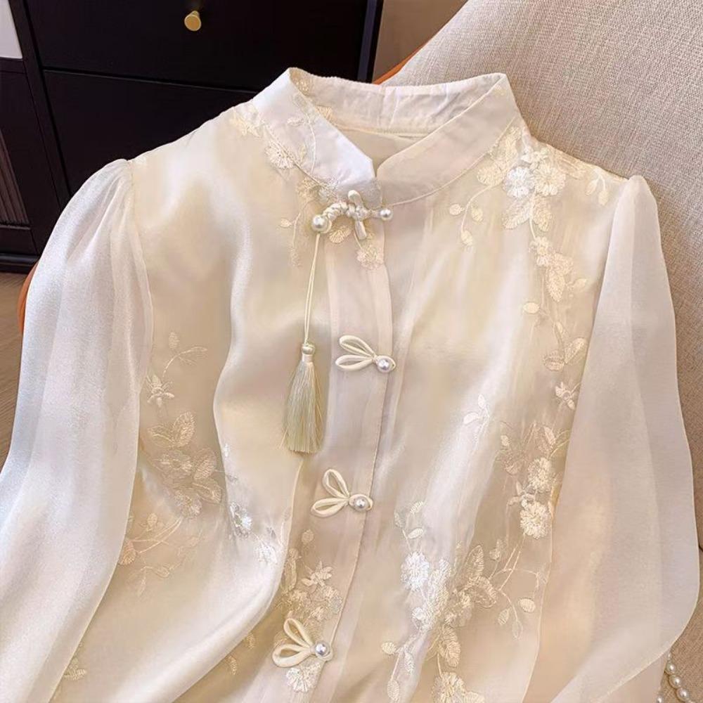 Spring Summer Chinese Style Vintage Embroidery Lace Elegant Fashion Shirt Lady Long Sleeve Stand Collar Tassel Beige Blouse