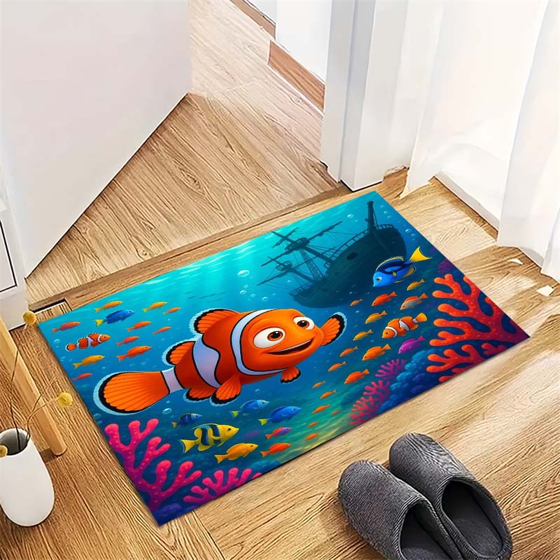 Tropical Fish Print Doormat, Non-Slip Entrance Floor Mat with Colorful Coral Reef & Fish Design, Indoor Rug for Ocean Lovers