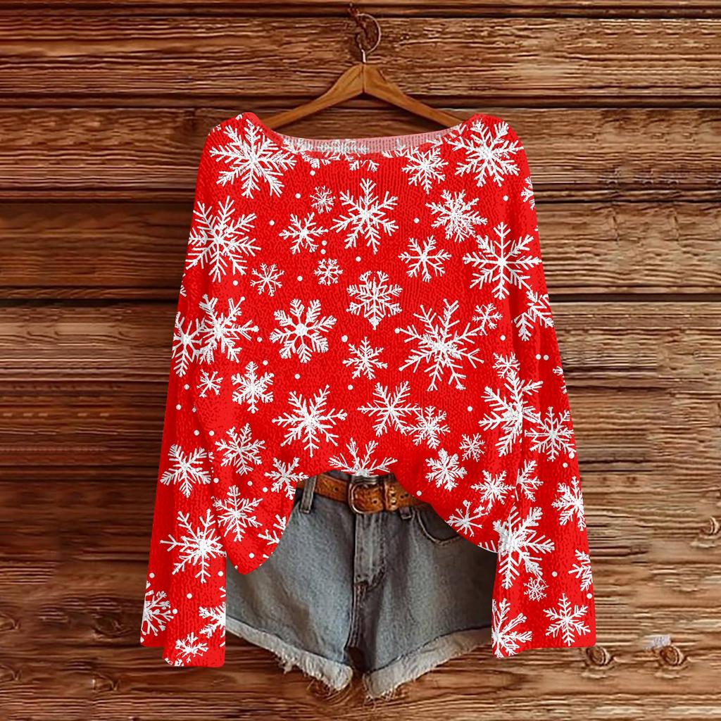 Women's Round Neck Lightweight Sweater Casual Long Sleeve Christmas Print Knit Pullover.
