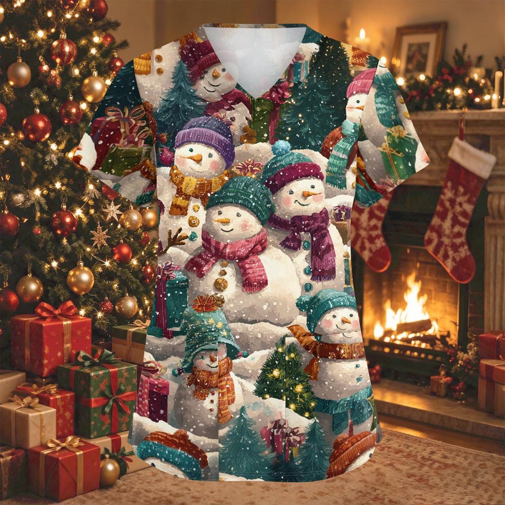 Women's Fashion Christmas Print V-Neck Short Sleeve Caregiver Work Top with Pockets