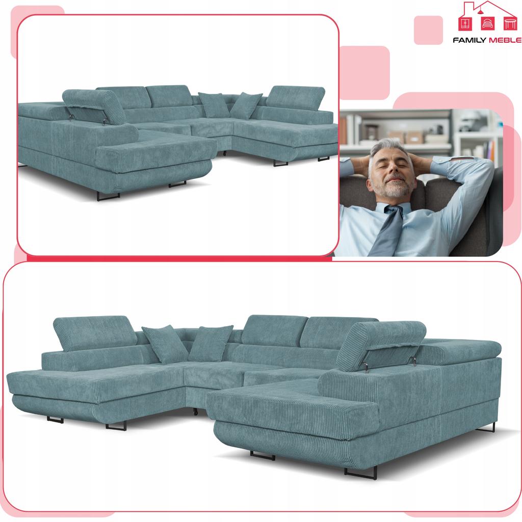 U-shaped Corner Sofa Bed, Extendable F. Savio Family Sleep Furniture J Green Corduroy