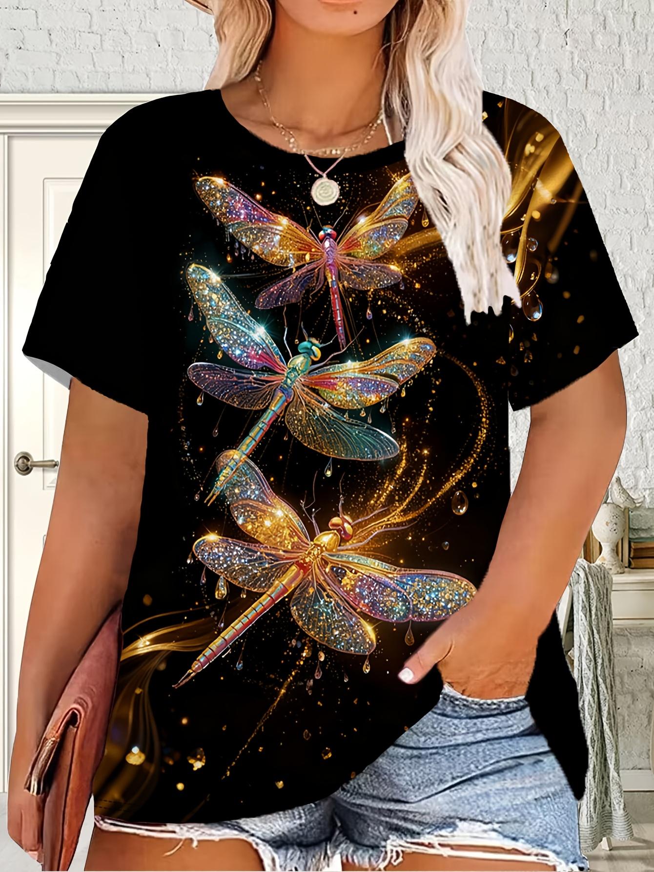 

[Plus Size Luxury Style]Women s Round Neck Short-sleeve T-shirt. with Gold Plated Colorful Diamond Dragonfly Print. The Black Base Is Paired with Spar XL дубильна кора