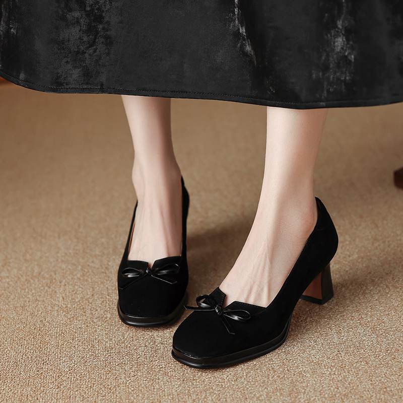 Krazing Pot Suede Round Toe Size 40 High Heels Slip On Platform Butterfly-knot Decoration Casual Autumn Shallow Pumps