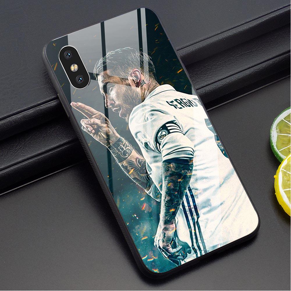 غطاء هاتف زجاجي سيرجيو راموس لهاتف سامسونج A5 آيفون هواوي هونر شاومي ريدمي نوت 5 برو