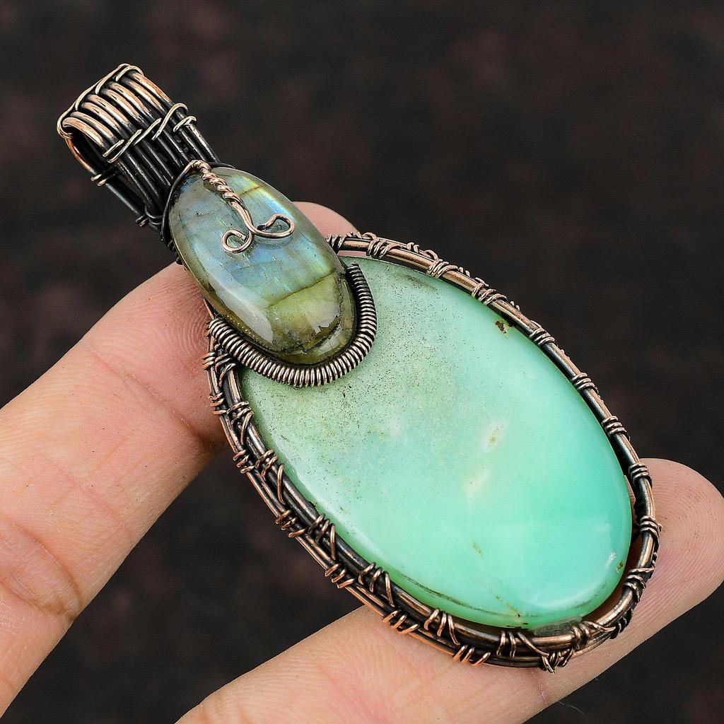 Chrysoprase Pendant Copper Wire Wrapped Pendant Labradorite Jewelry Gift For Her Handmade Pendant Gemstone Copper Jewelry Wire Wrap Pendant
