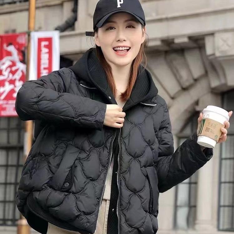 Down jacket women's 2024 new white duck down fake two pieces short hooded winter thickened small fashion coat