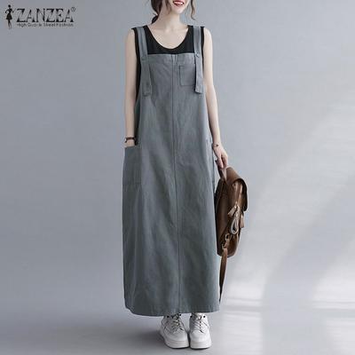 Women Casual Square Collar Sleeveless Straps Overalls Dress
