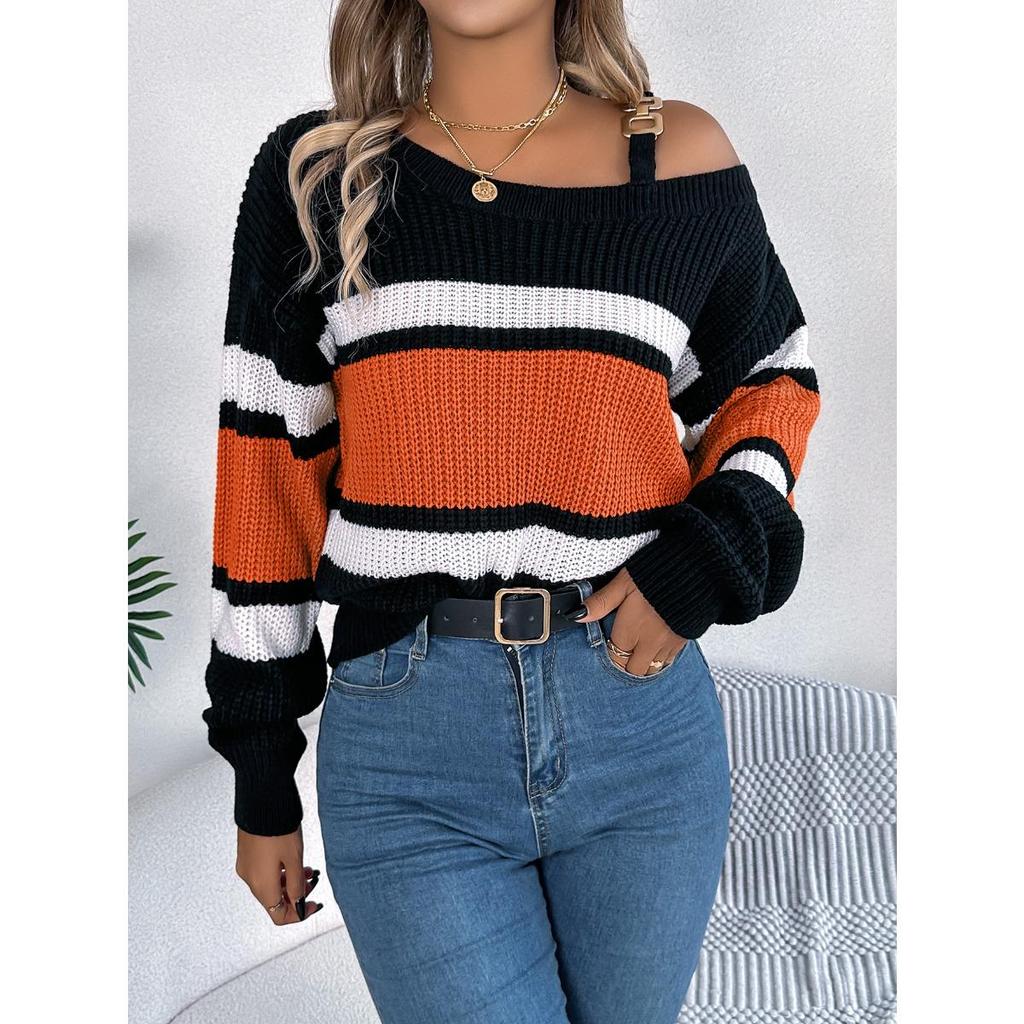 Casual Color Block Autumn Winter Striped Lantern Sleeve Cold Shoulder Metal Buckle Women's Fashion Pullover Sweater