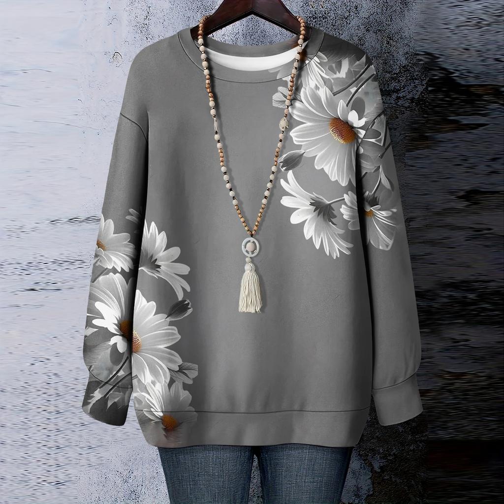Women's Floral Print Round Neck Long Sleeved T-shirt Sweatshirt Top