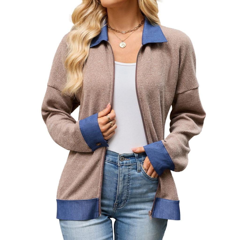 Women's Fashion Color Denim Jacket with Turn-Down Collar, Long Sleeve, Zip Front, Loose Fit