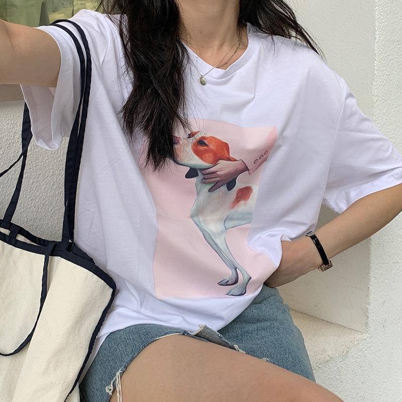 Pure cotton, Korean version of summer new loose casual cartoon printing medium and long short-sleeved t-shirt women's tide