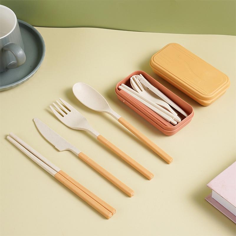 Japanese-Style Wheat Straw Cutlery Set Knife Fork Spoon Chopsticks - Three-Piece Folding Portable Cutlery
