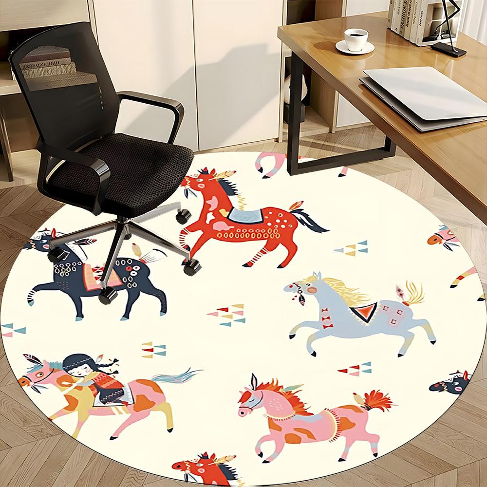 1PC Horse Pattern Office Round Area Rug, Mat Suitable For Office, Under Office Chairs Bedroom Living Room Home Decor, Room Deco