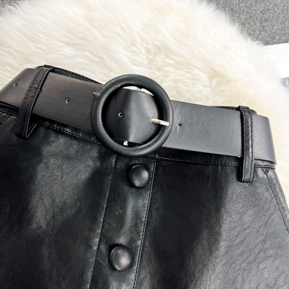 Herbst und Winter Retro Temperament Hohe Taille Schlank Paket Hüfte Einreihig Langer Abschnitt Offen Gewaschenes Leder Halbkörperrock