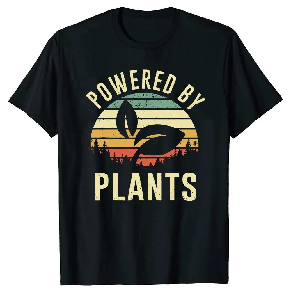 Powered by Plants Vegan Graphic TShirt Unisexs Retro Sunset Short Sleeve Crewneck S