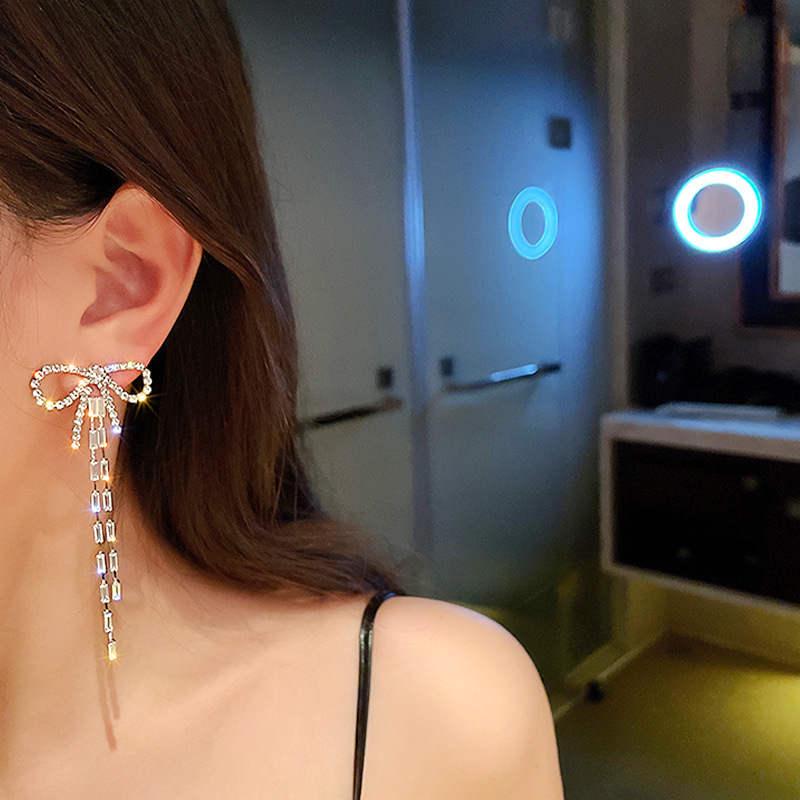 

Серьги из стерлингового серебра с цирконами в виде бантиков - корейский дизайн с кисточками для женщин